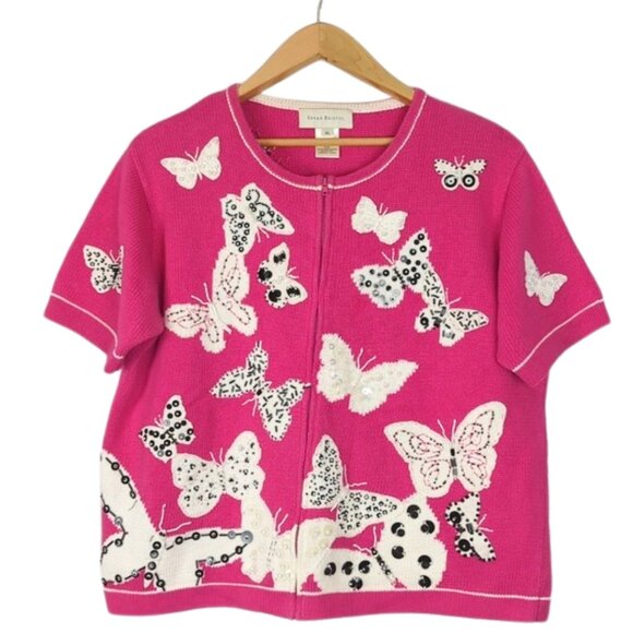 Vintage Susan Bristol Hand Embrodiered Butterfly Cardigan Sweater Jacket Y2K XL - Picture 1 of 12